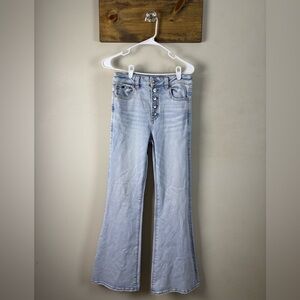 American Eagle size 8 Super High Rise Flare Button Fly Distressed Stretch Jeans